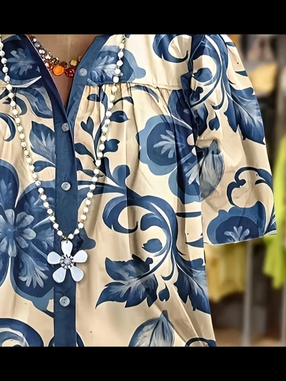 Blue Floral Button-Front Women's Top - Picture 2 of 4
